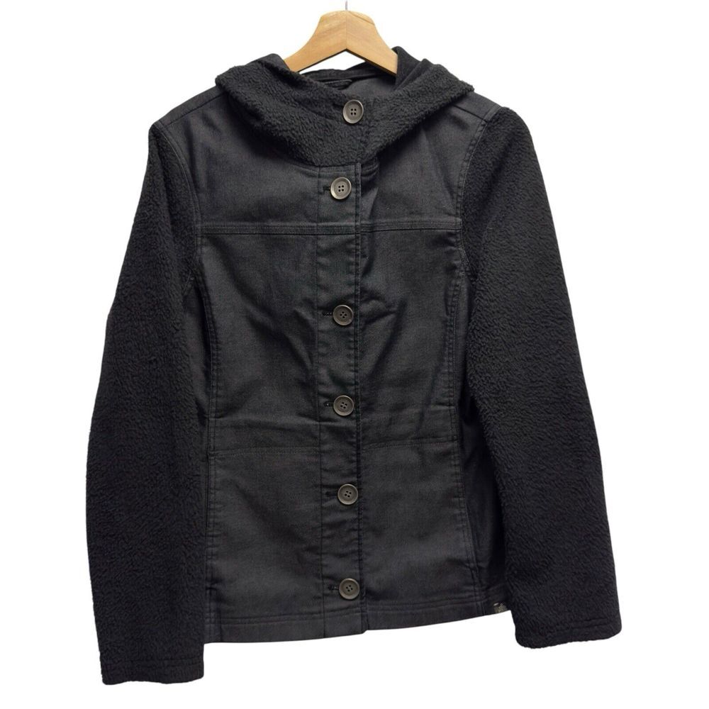 Prana Women's Size Large Toni Denim Fleece Hoodie Button Front Black Jacket euc‎